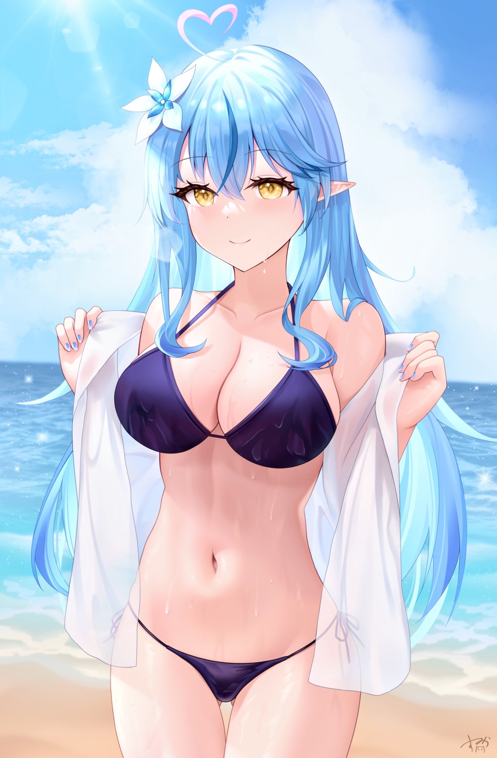 bikini elf hololive m99909678 open_shirt pointy_ears see_through swimsuits undressing wet wet_clothes yukihana_lamy