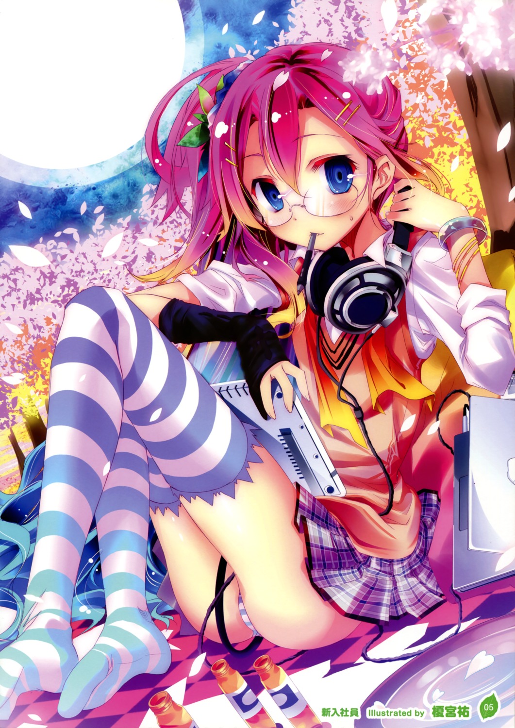 headphones kamiya_yuu megane pantsu pixel_phantom seifuku shimapan thighhighs