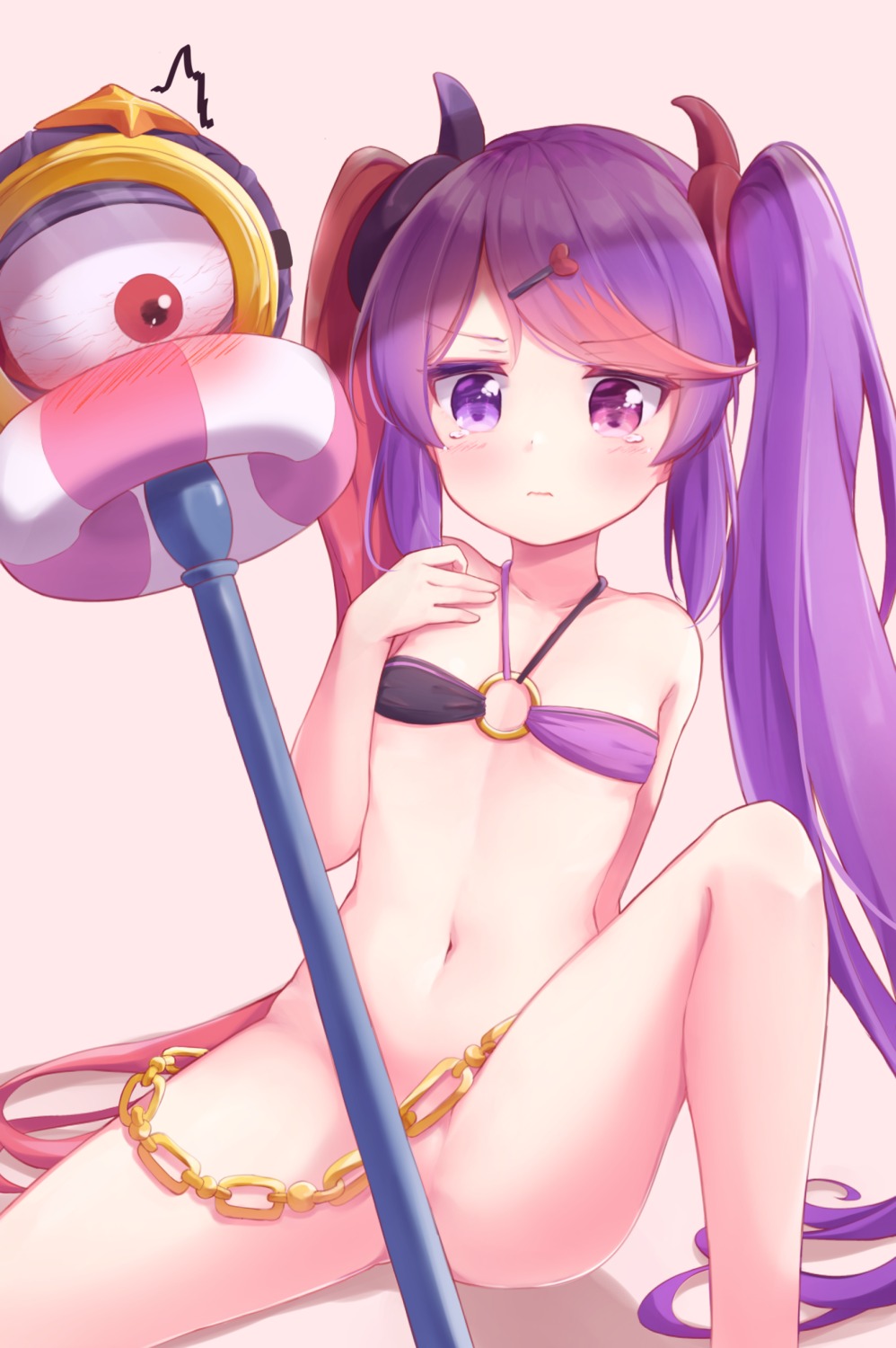 bikini_top bottomless heterochromia horns loli princess_connect princess_connect!_re:dive swimsuits tamaizumi_misaki tokenbox weapon