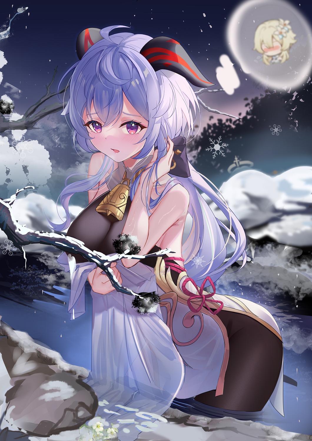 asian_clothes ganyu genshin_impact horns leotard lumine no_bra pantyhose wet zhongwu_chahui