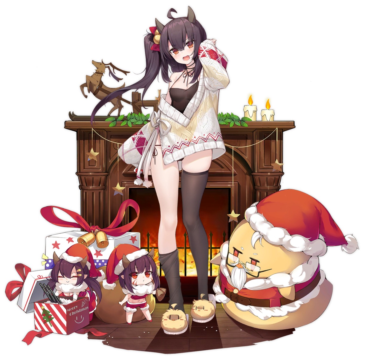 azur_lane chibi christmas cleavage horns isuzu_(azur_lane) manjuu_(azur_lane) megane ootsuki_momiji open_shirt pantsu string_panties sweater thighhighs