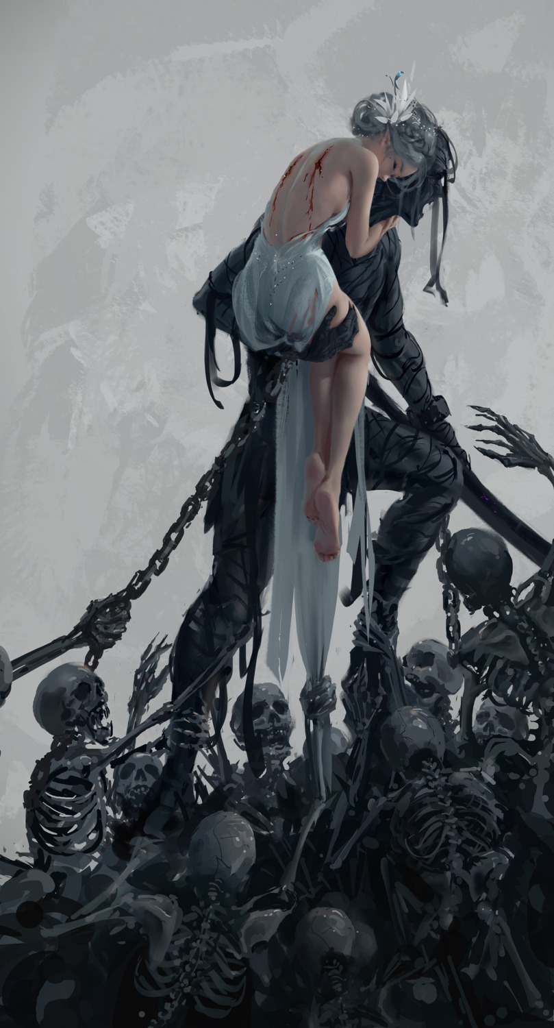 blood dress feet ghostblade no_bra pointy_ears possible_duplicate see_through weapon wlop yan_haiqin