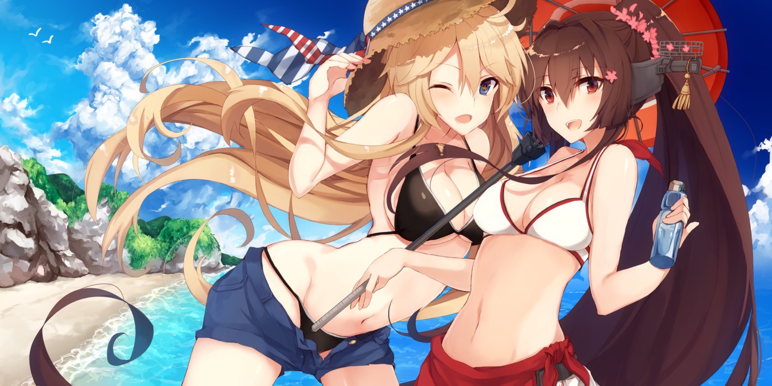 bikini cleavage iowa_(kancolle) kantai_collection kinona swimsuits umbrella yamato_(kancolle)