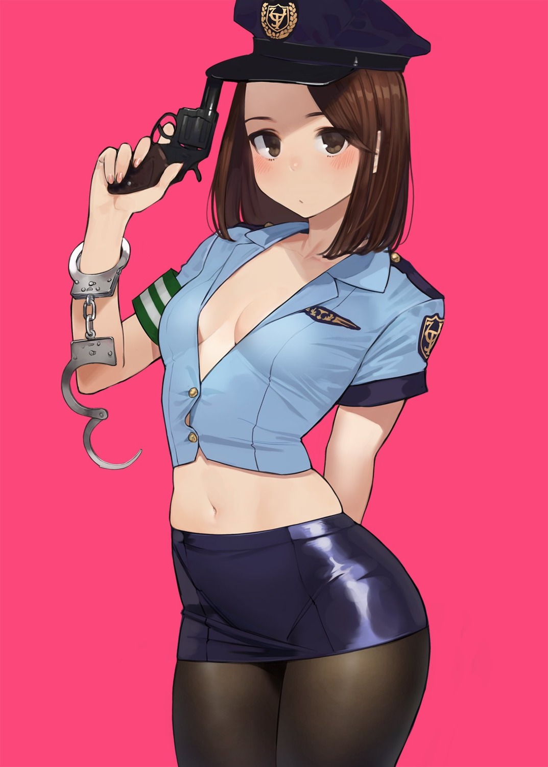 aikawa_ren cleavage gun miru_tights no_bra open_shirt pantyhose police_uniform yom