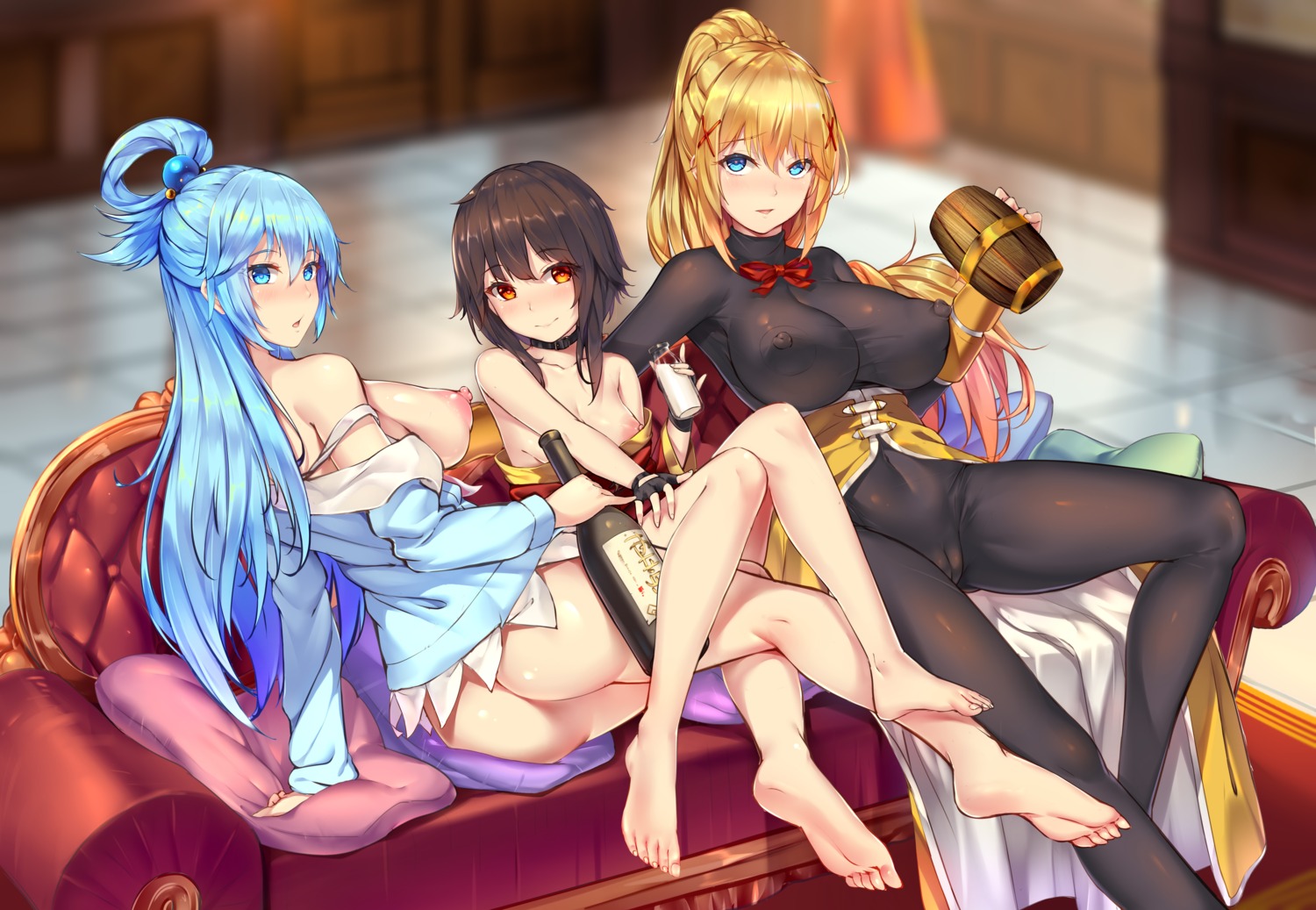 aqua_(konosuba) ass bodysuit bottomless bra breasts cameltoe dustiness_ford_raratina erect_nipples feet kono_subarashii_sekai_ni_shukufuku_wo! megumin nipples no_bra nopan open_shirt sake see_through sgt-jz