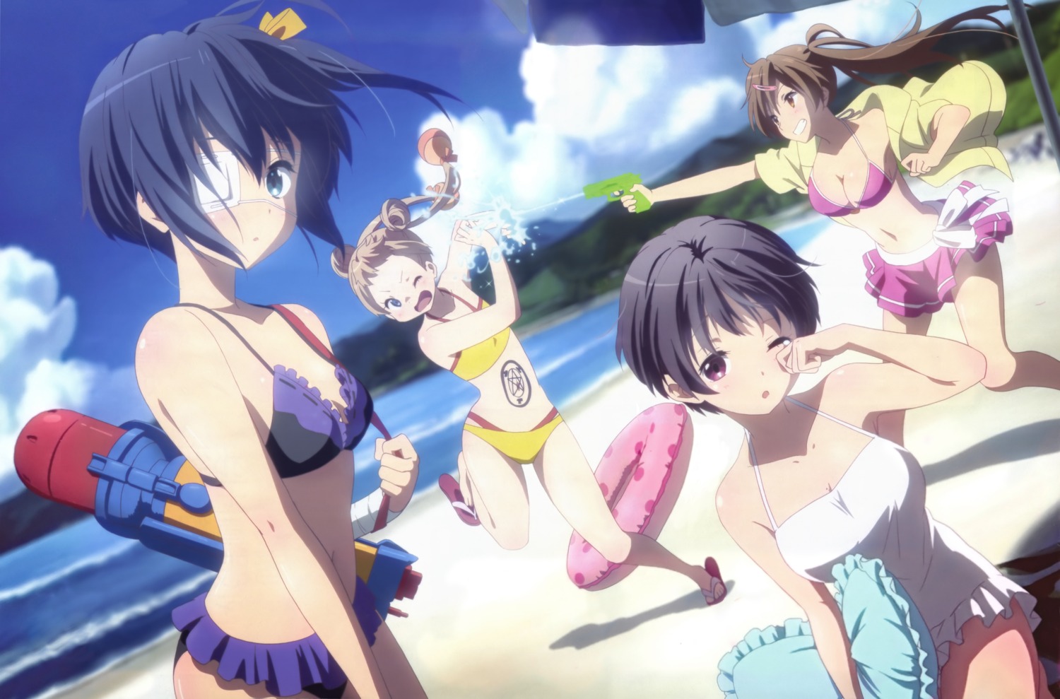 bikini chuunibyou_demo_koi_ga_shitai! cleavage dekomori_sanae eyepatch ikeda_kazumi nibutani_shinka swimsuits takanashi_rikka tsuyuri_kumin