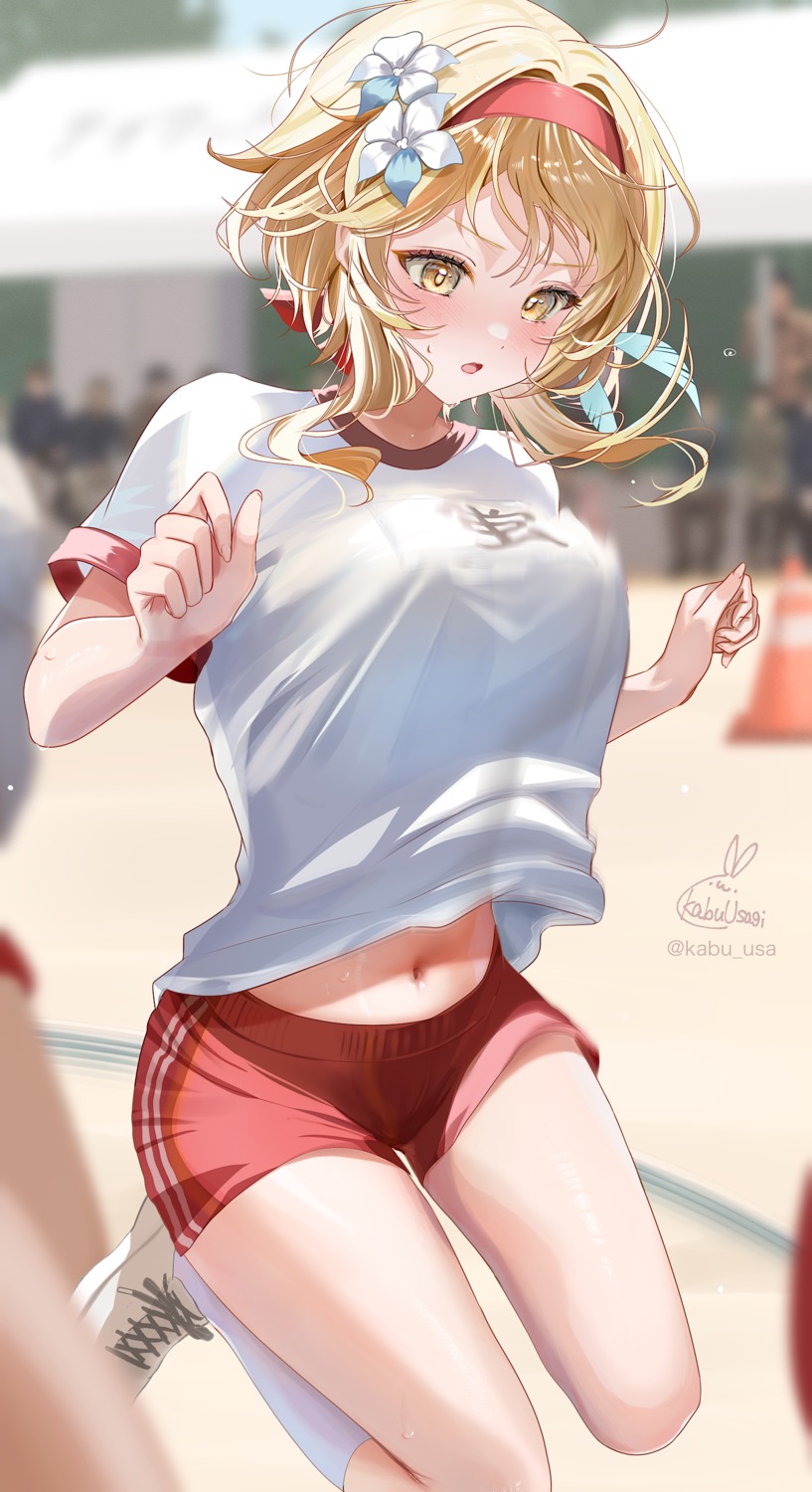 genshin_impact gym_uniform kabu_usagi lumine see_through shirt_lift