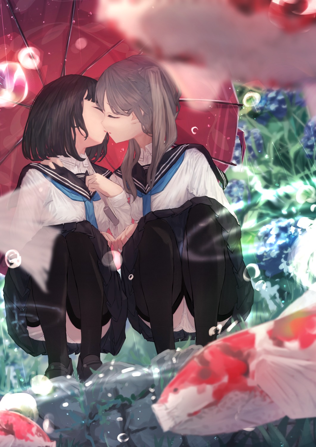 benevole pantsu seifuku skirt_lift thighhighs umbrella yuri