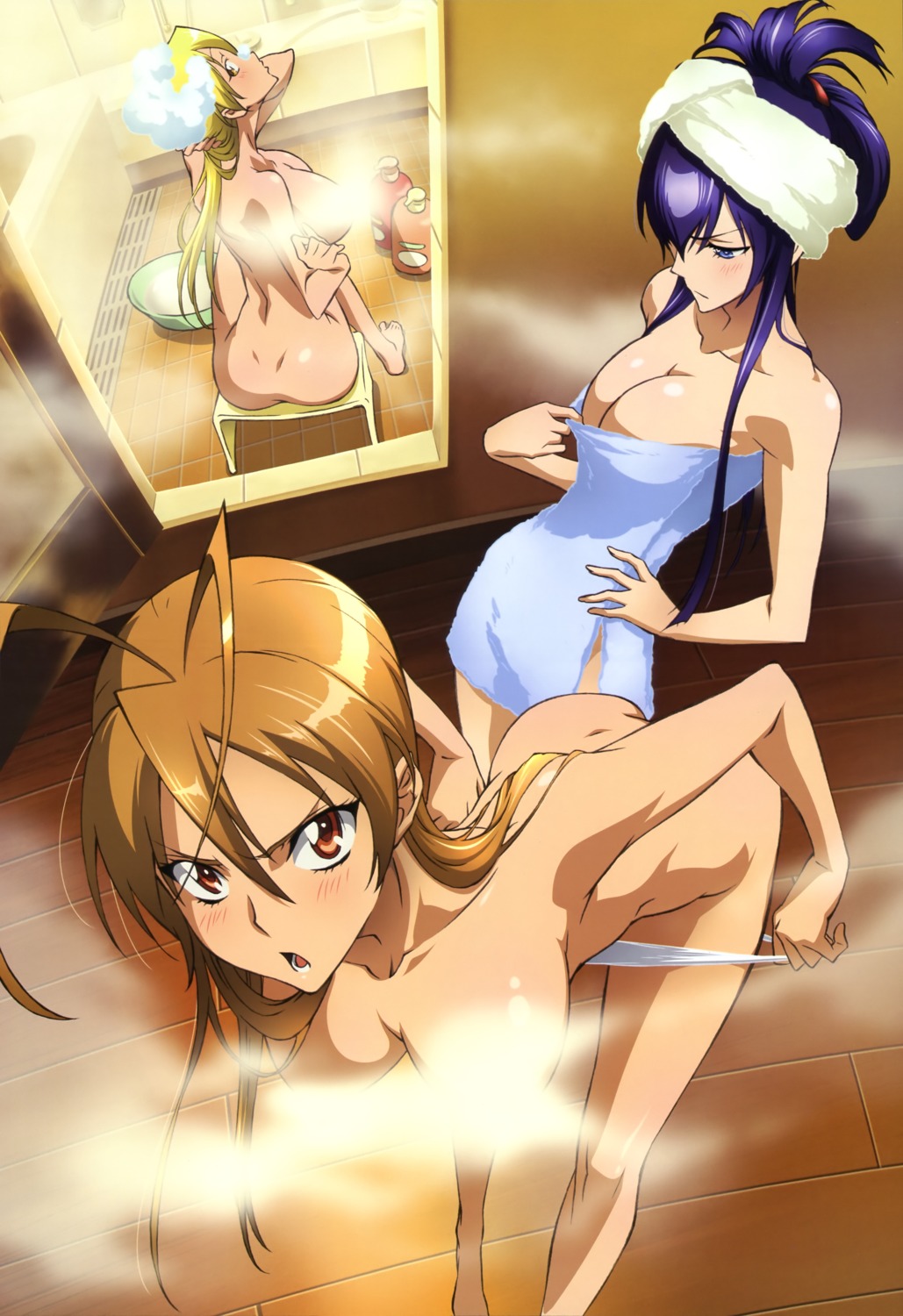 baba_mitsuko bathing busujima_saeko cleavage highschool_of_the_dead marikawa_shizuka miyamoto_rei naked panty_pull towel undressing wet