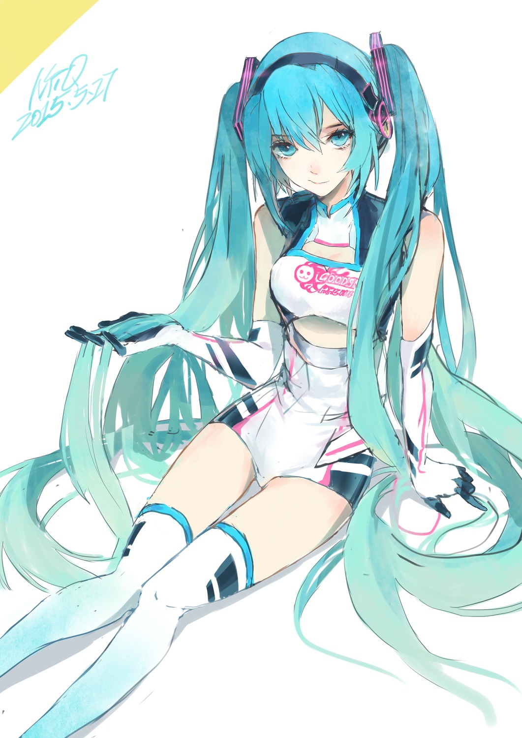 goodsmile_racing hatsune_miku headphones messikid racing_miku sketch thighhighs vocaloid