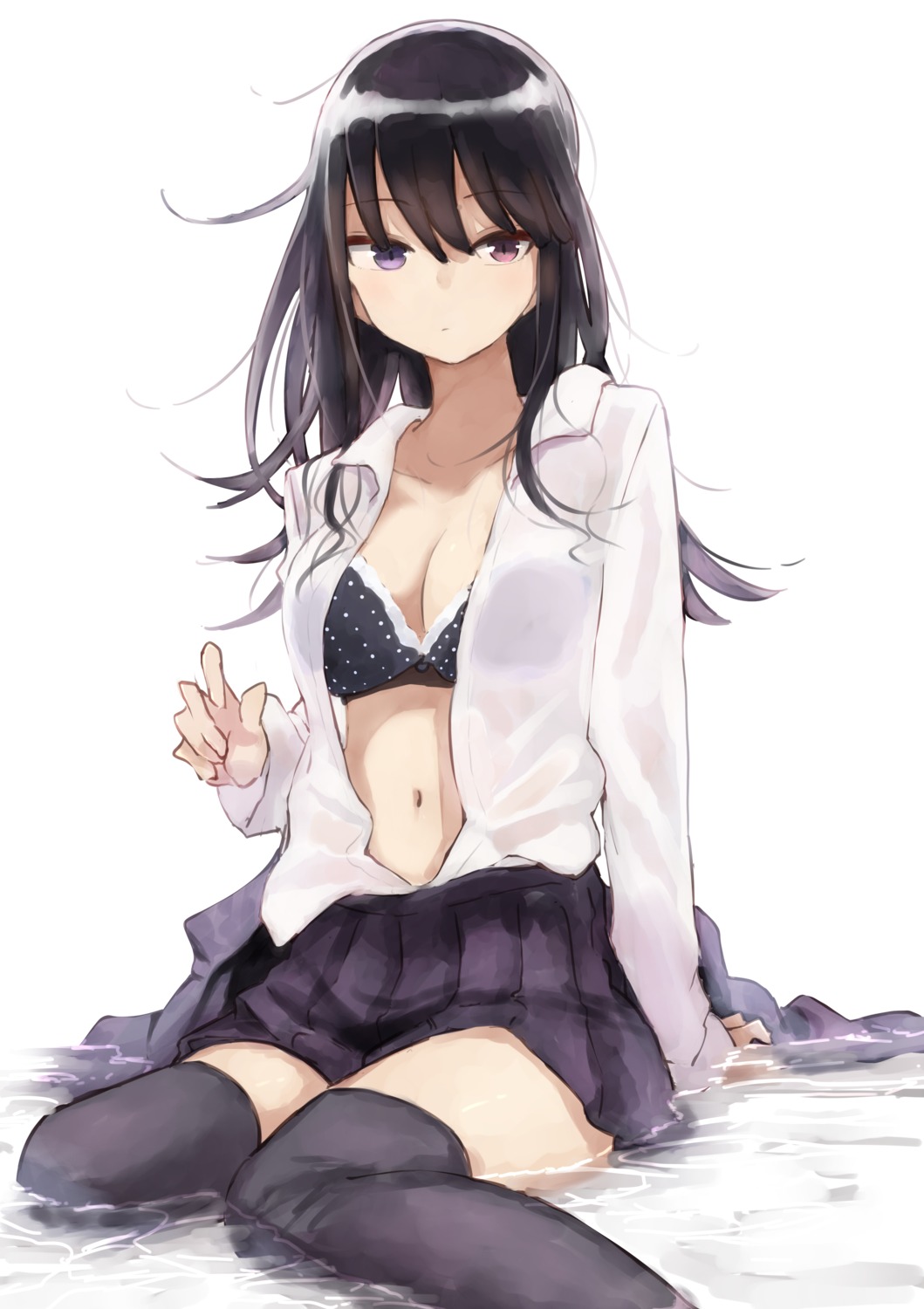 bra cleavage open_shirt rutchifu_(31_pacers) see_through seifuku thighhighs wet