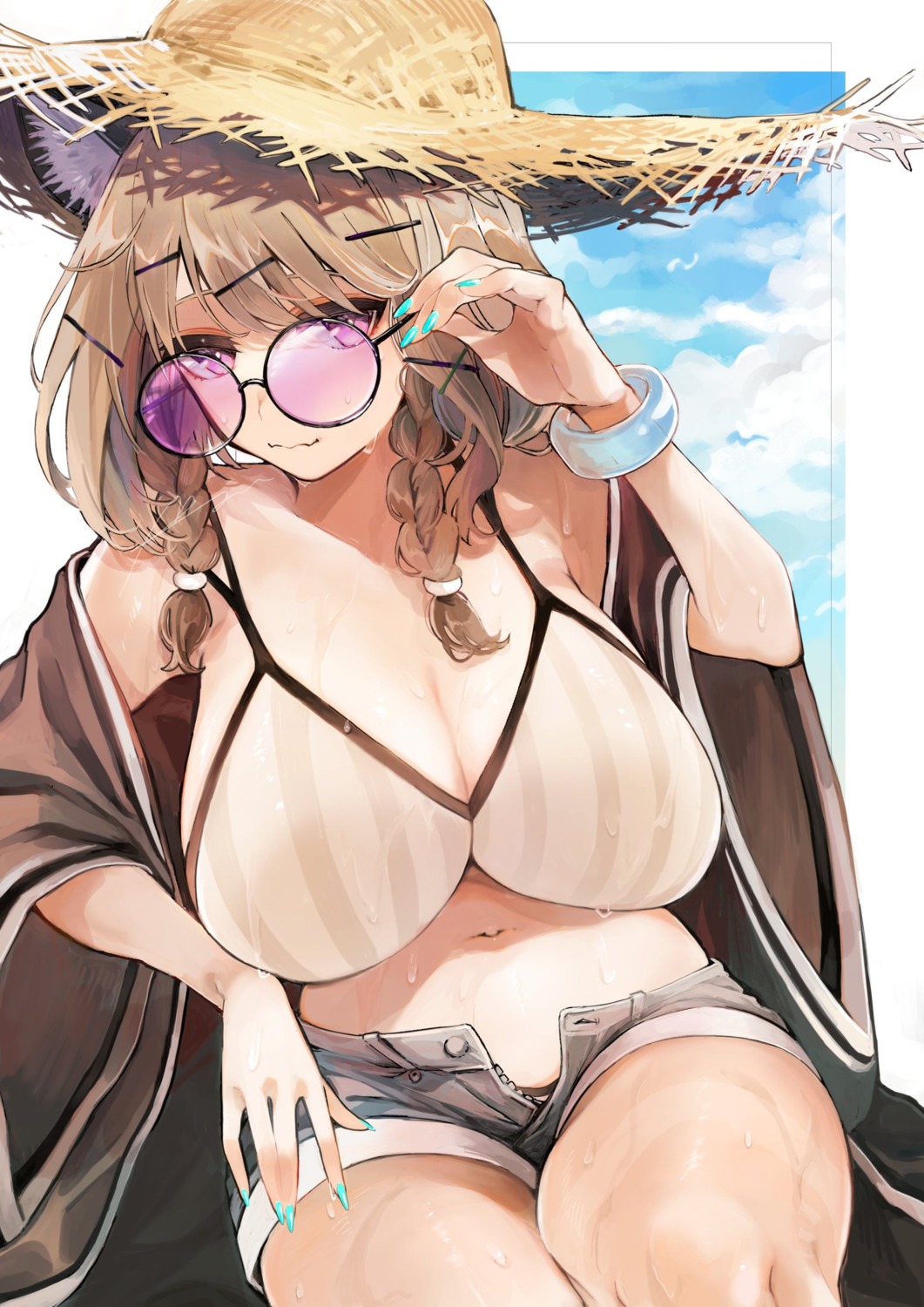 aaoshigatoutoi animal_ears arknights bikini cleavage megane open_shirt swimsuits utage_(arknights)