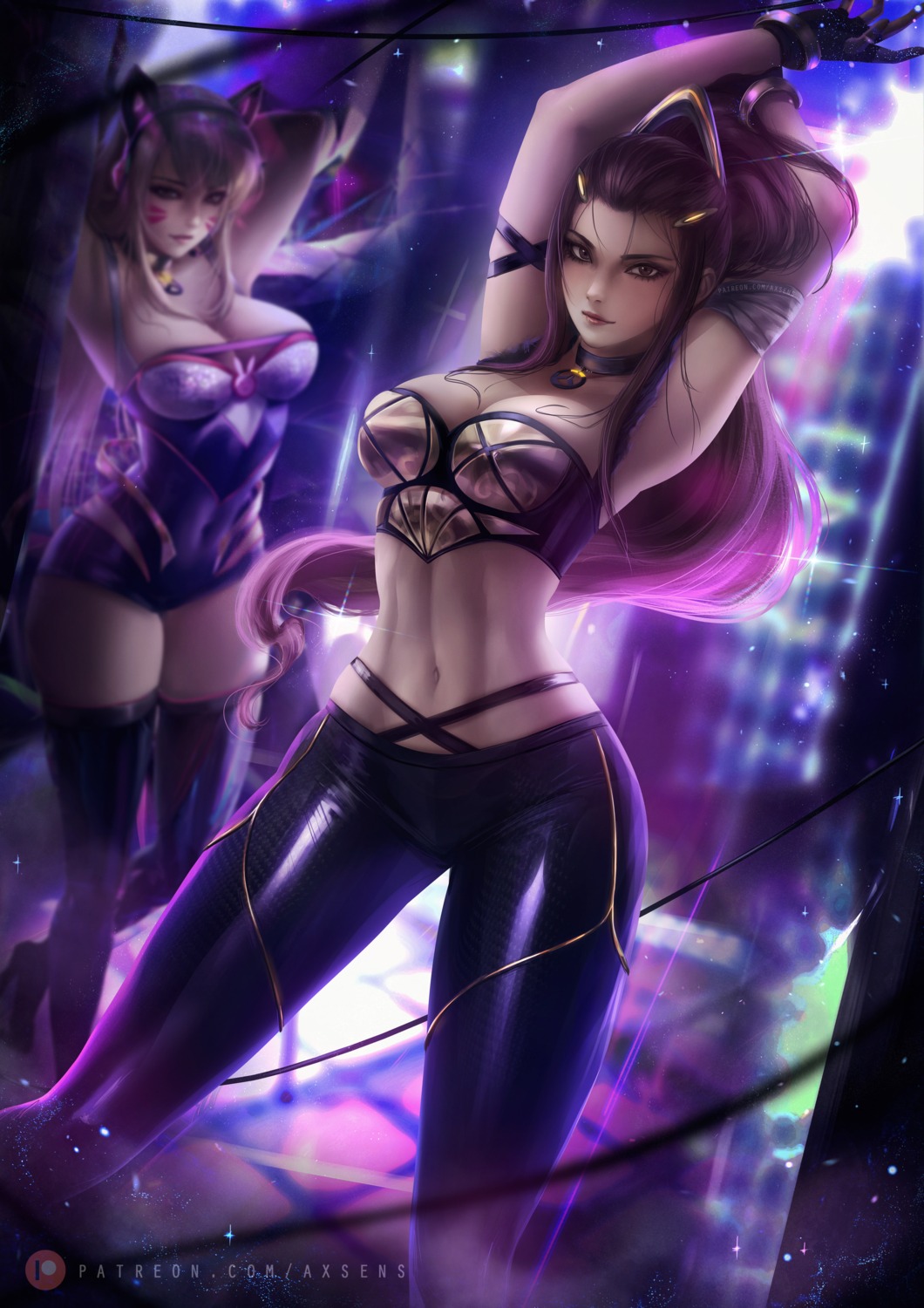 ahri animal_ears axsens brigitte_(overwatch) cleavage crossover heels league_of_legends no_bra overwatch thighhighs