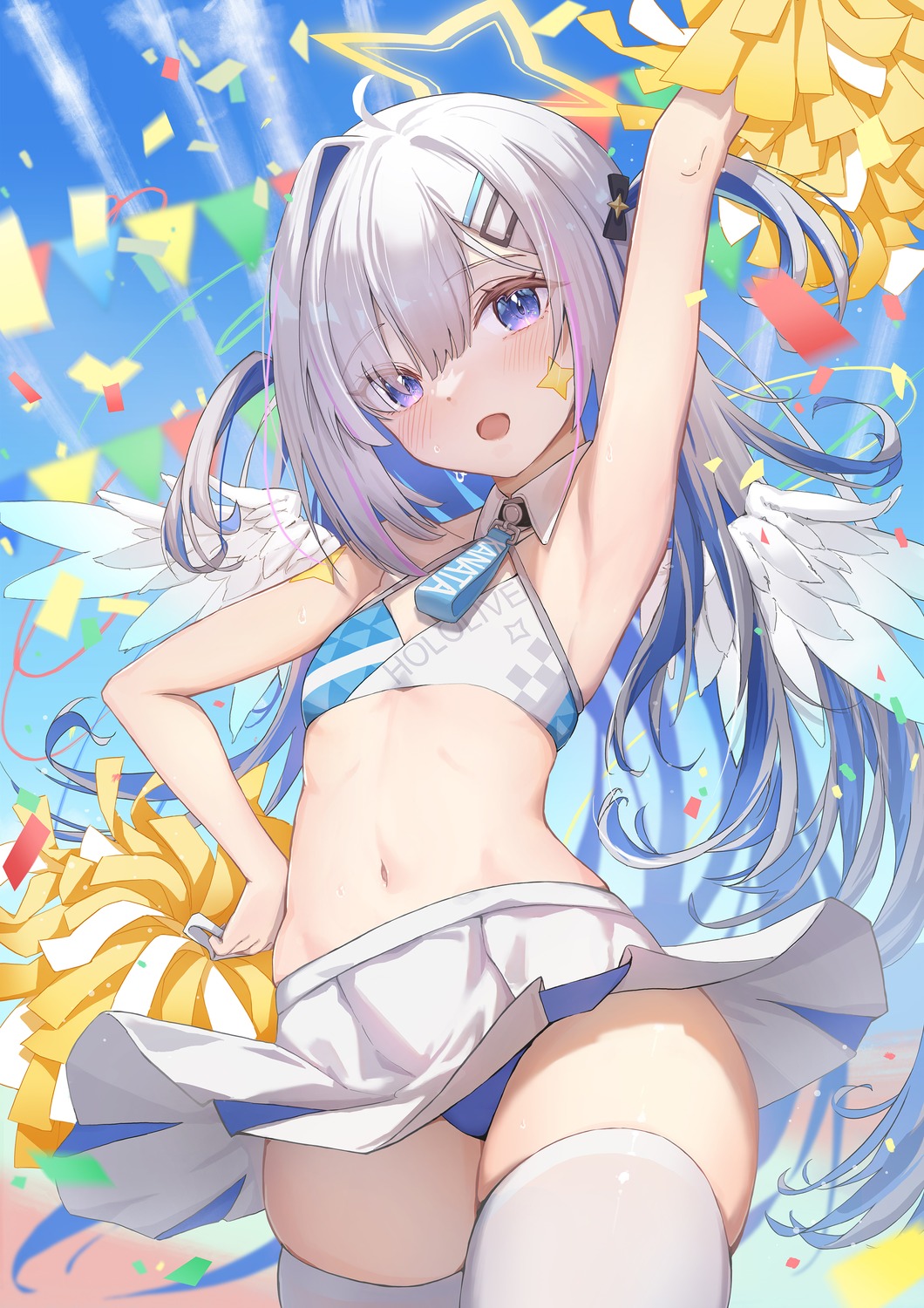 amane_kanata angel blue_archive cheerleader cosplay hololive juu_p loli nekozuka_hibiki pantsu skirt_lift tattoo thighhighs wings