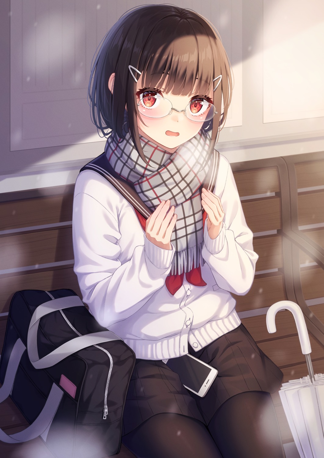 megane ochiai_miyabi pantyhose seifuku sweater umbrella