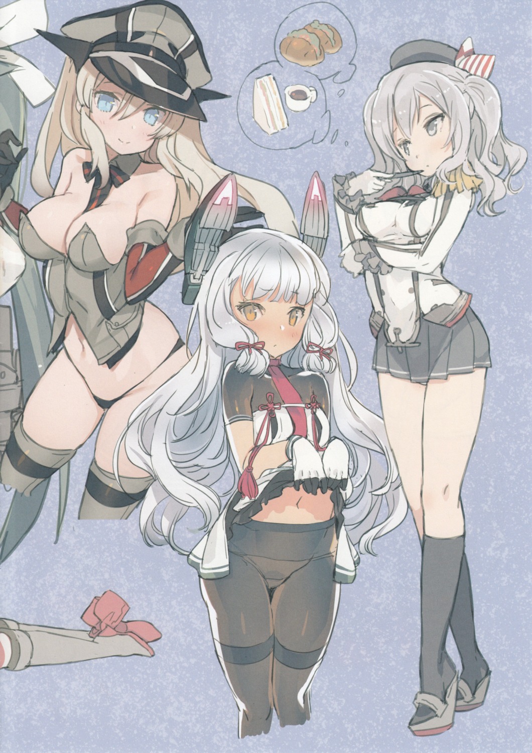 bismarck_(kancolle) blade cleavage kantai_collection kashima_(kancolle) murakumo_(kancolle) pantsu pantyhose skirt_lift uniform