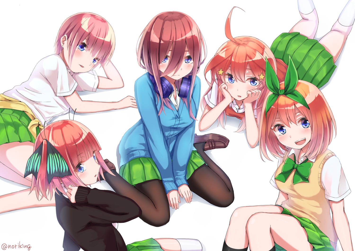 5-toubun_no_hanayome honorikiti nakano_ichika nakano_itsuki nakano_miku nakano_nino nakano_yotsuba pantyhose seifuku sweater thighhighs