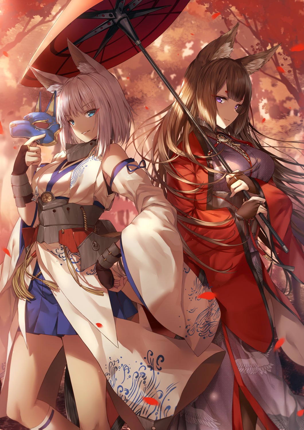 amagi_(azur_lane) animal_ears azur_lane japanese_clothes kaga_(azur_lane) kitsune luzi umbrella