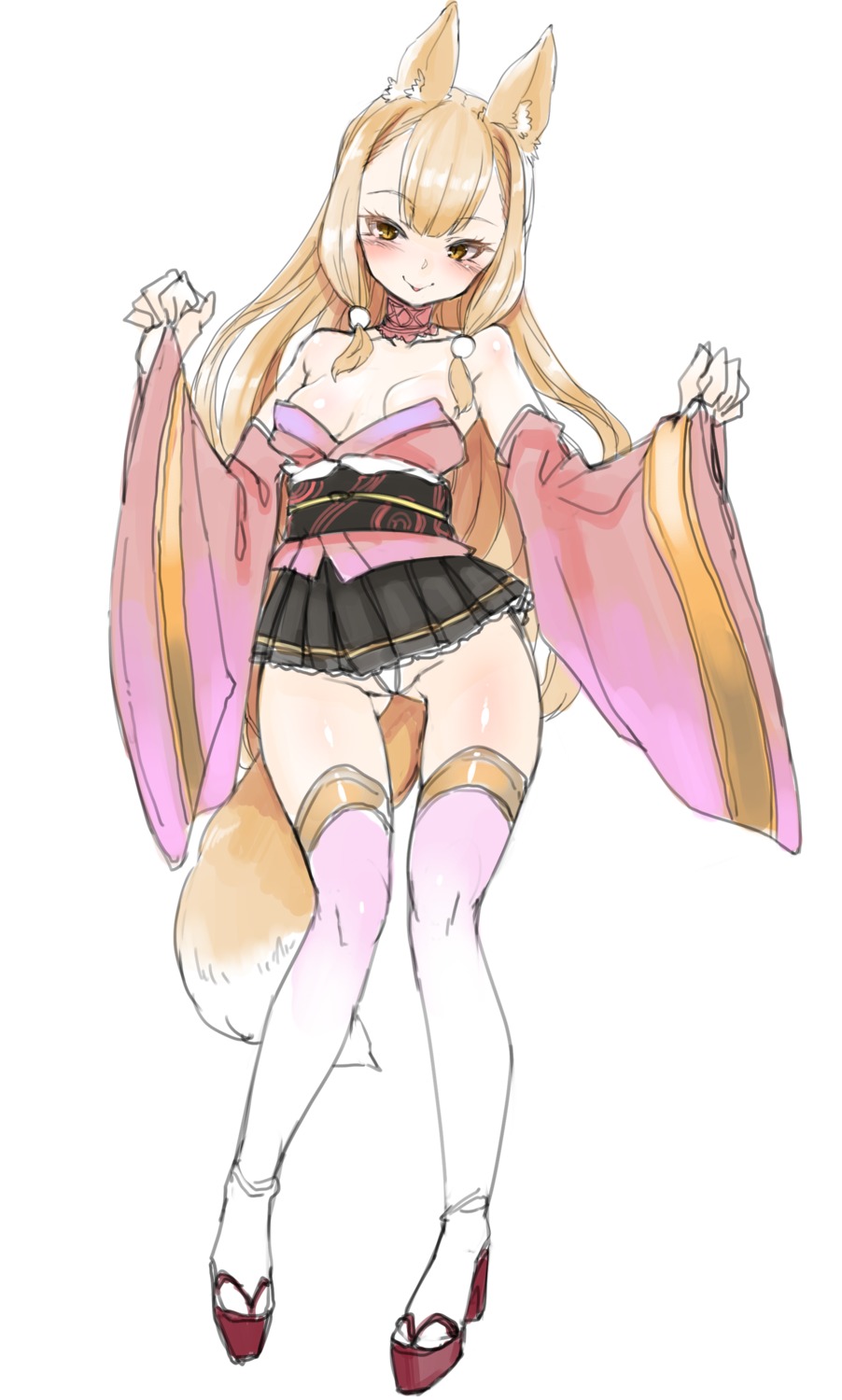 animal_ears harigane_shinshi heels japanese_clothes kitsune no_bra pantsu sketch tail thighhighs thong