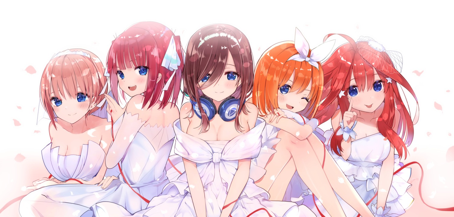 5-toubun_no_hanayome cleavage dress hanakanzarashi headphones nakano_ichika nakano_itsuki nakano_miku nakano_nino nakano_yotsuba skirt_lift wedding_dress