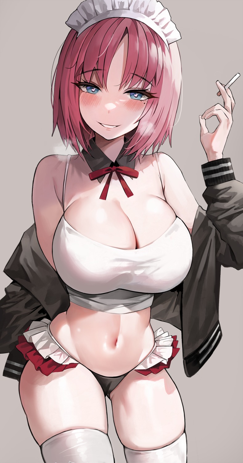 cameltoe cleavage hisui maid no_bra pantsu smoking suou-sensei thighhighs tsukihime