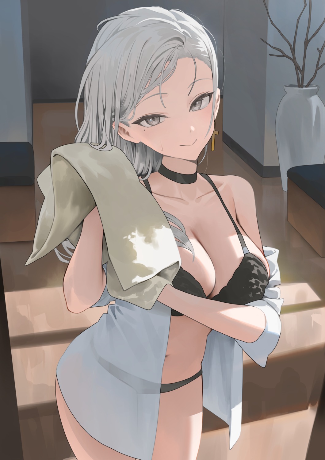 bra hood_(james_x) open_shirt pantsu see_through towel