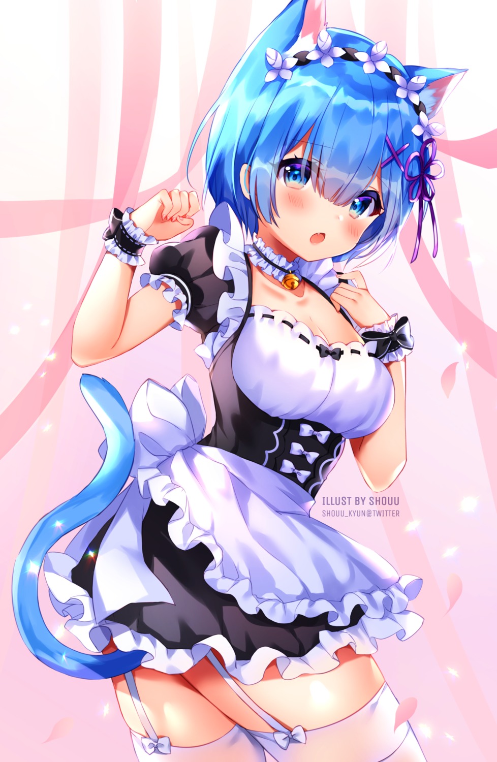 animal_ears cleavage maid nekomimi re_zero_kara_hajimeru_isekai_seikatsu rem_(re_zero) shouu-kun stockings tail thighhighs watermark