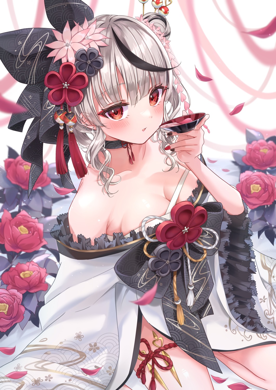 garter hololive lolita_fashion no_bra null_illust open_shirt sakamata_chloe sake wa_lolita