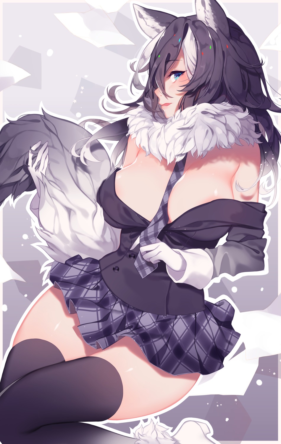 animal_ears areola grey_wolf kemono_friends nanoless no_bra open_shirt skirt_lift tail thighhighs