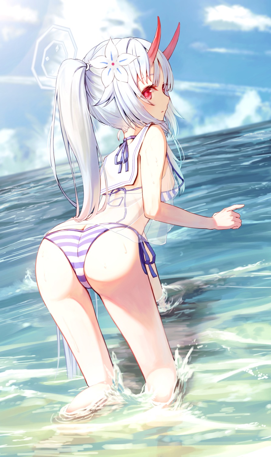 ass bikini blue_archive halo horns loli r32532107 see_through swimsuits thong waraku_chise wet