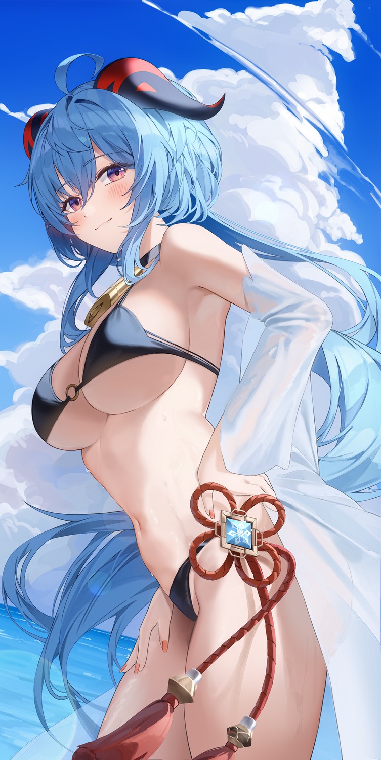 bikini ganyu genshin_impact horns k.j. see_through swimsuits thong