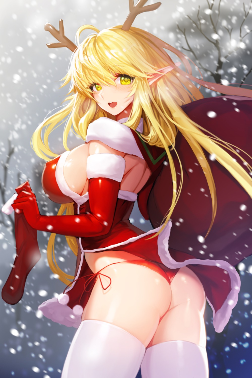 ass christmas dress elf erect_nipples no_bra pantsu pointy_ears snowball string_panties sword_girls thighhighs treanna