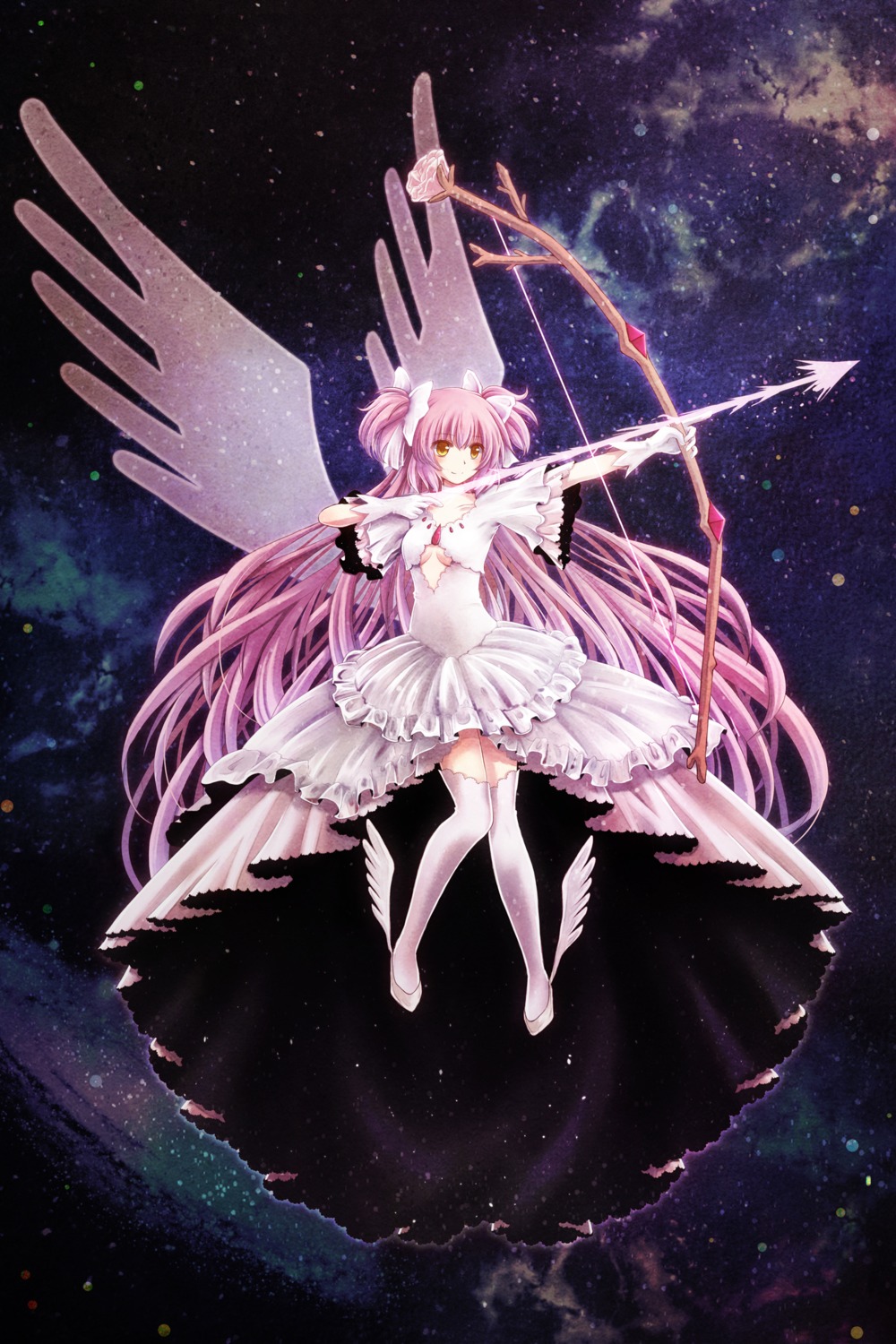 dress kaname_madoka plue_(koharu) puella_magi_madoka_magica thighhighs ultimate_madoka underboob weapon wings