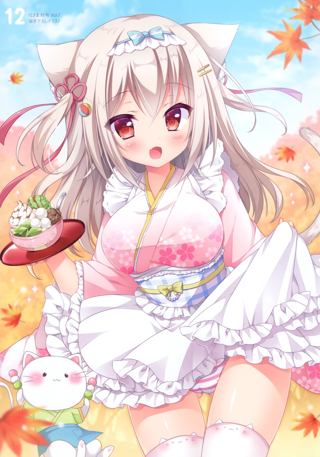 animal_ears japanese_clothes pantsu picpicgram platinum_kinoko shimapan skirt_lift thighhighs waitress