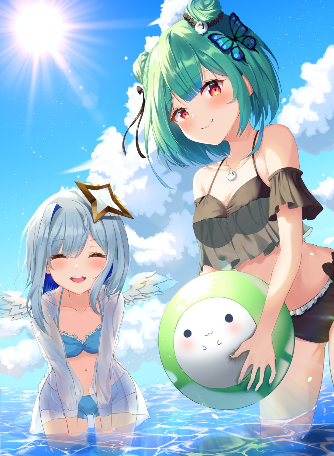 amane_kanata angel bikini cleavage hololive kimae open_shirt see_through swimsuits uruha_rushia wet wings