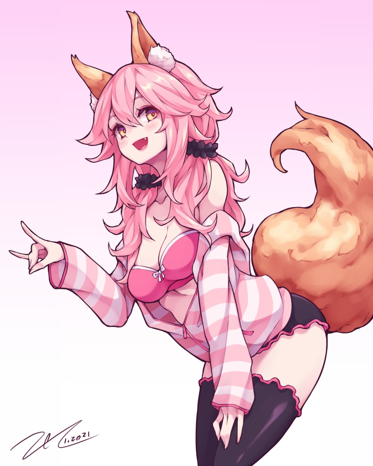 animal_ears bra fate/grand_order kitsune open_shirt scarlet_zel tail tamamo_no_mae thighhighs