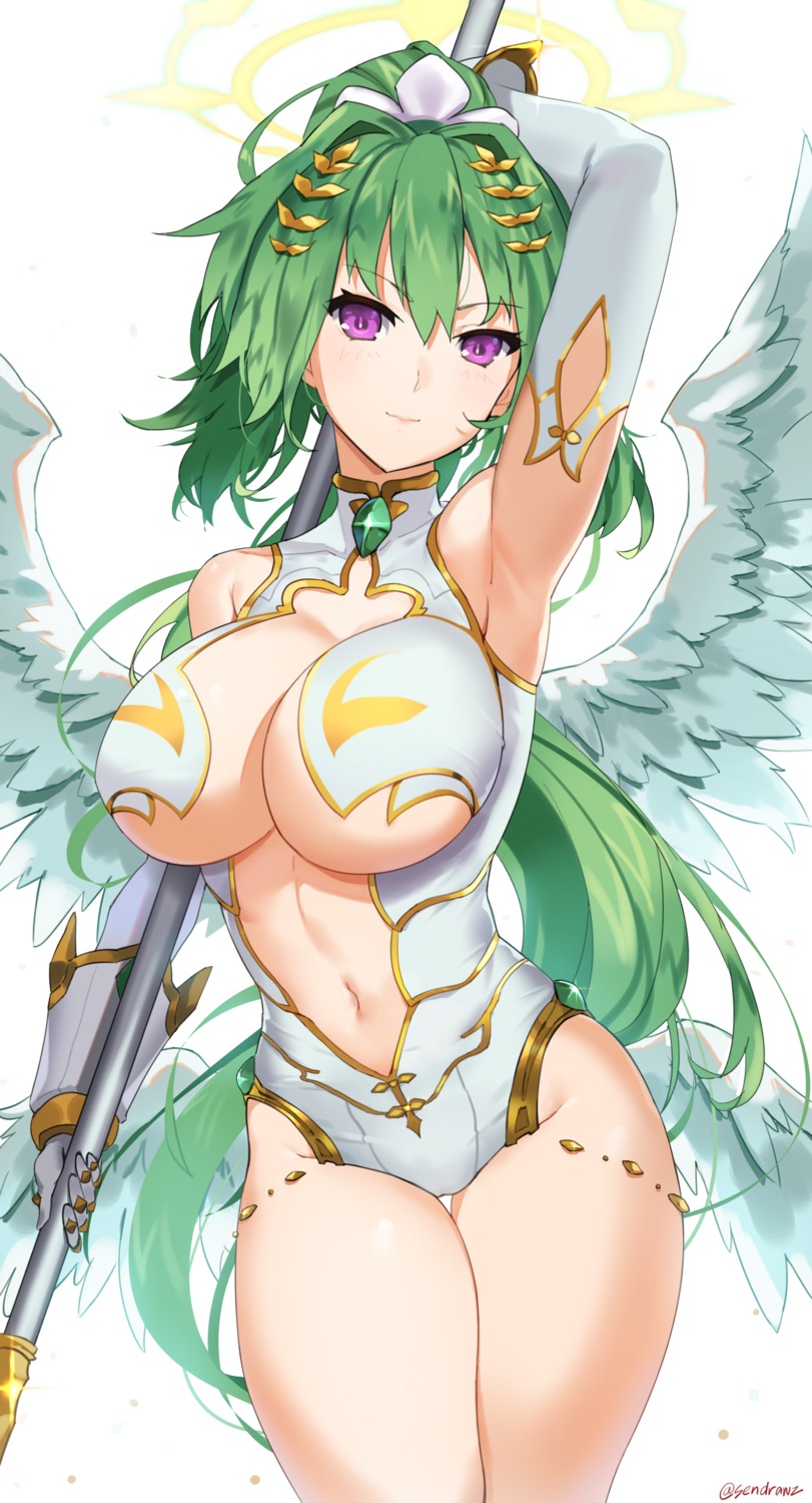 armor choujigen_game_neptune cleavage green_heart leotard no_bra sendrawz underboob weapon wings