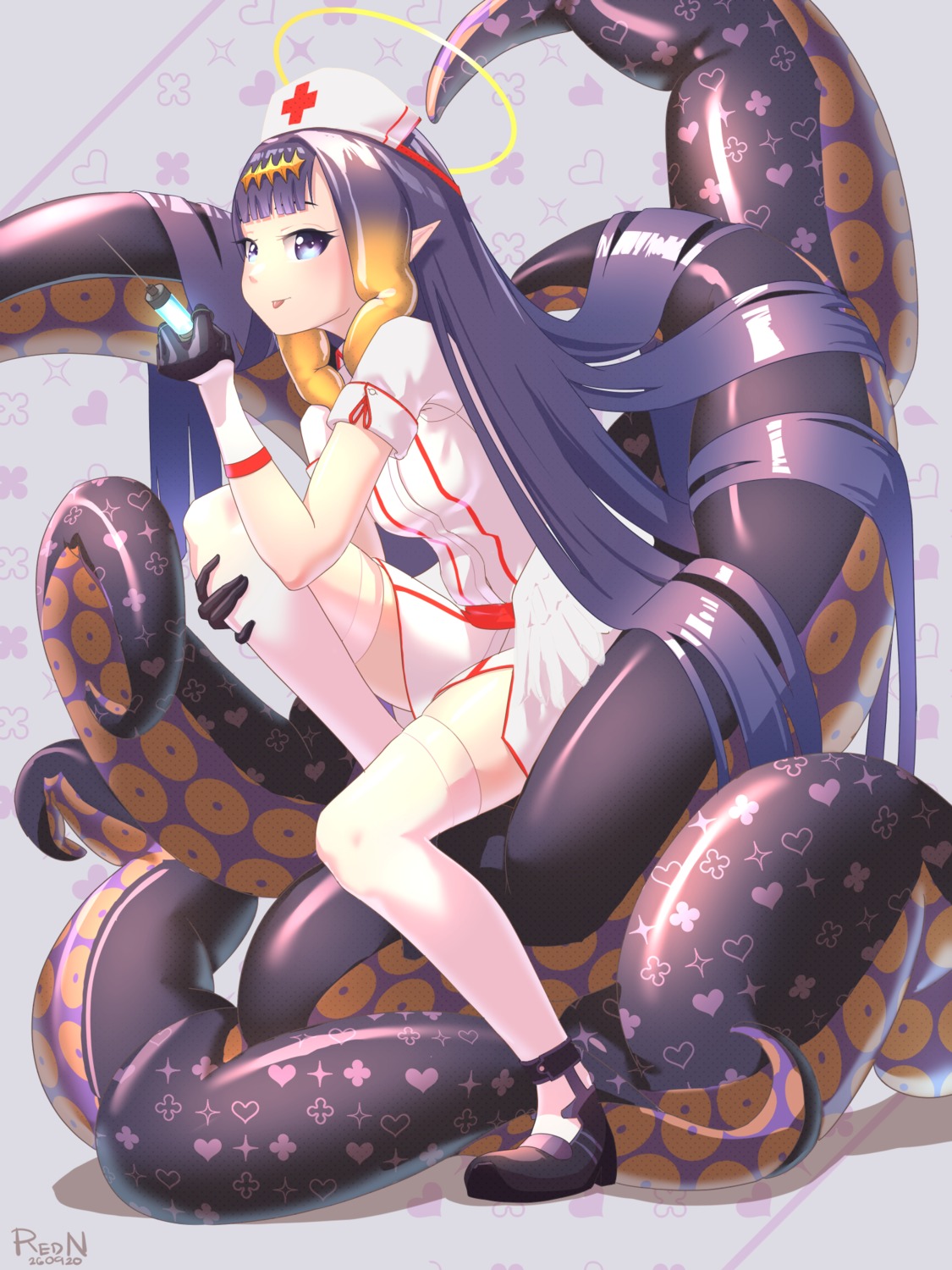 hololive hololive_english ninomae_ina'nis nurse pointy_ears redn_art skirt_lift tentacles thighhighs wings
