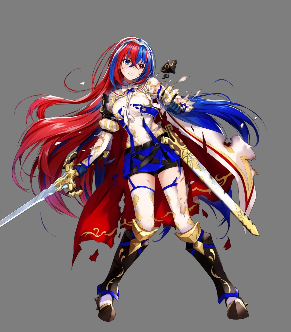 alear armor fire_emblem fire_emblem_engage heels heterochromia nintendo ordan stockings sword thighhighs torn_clothes uniform