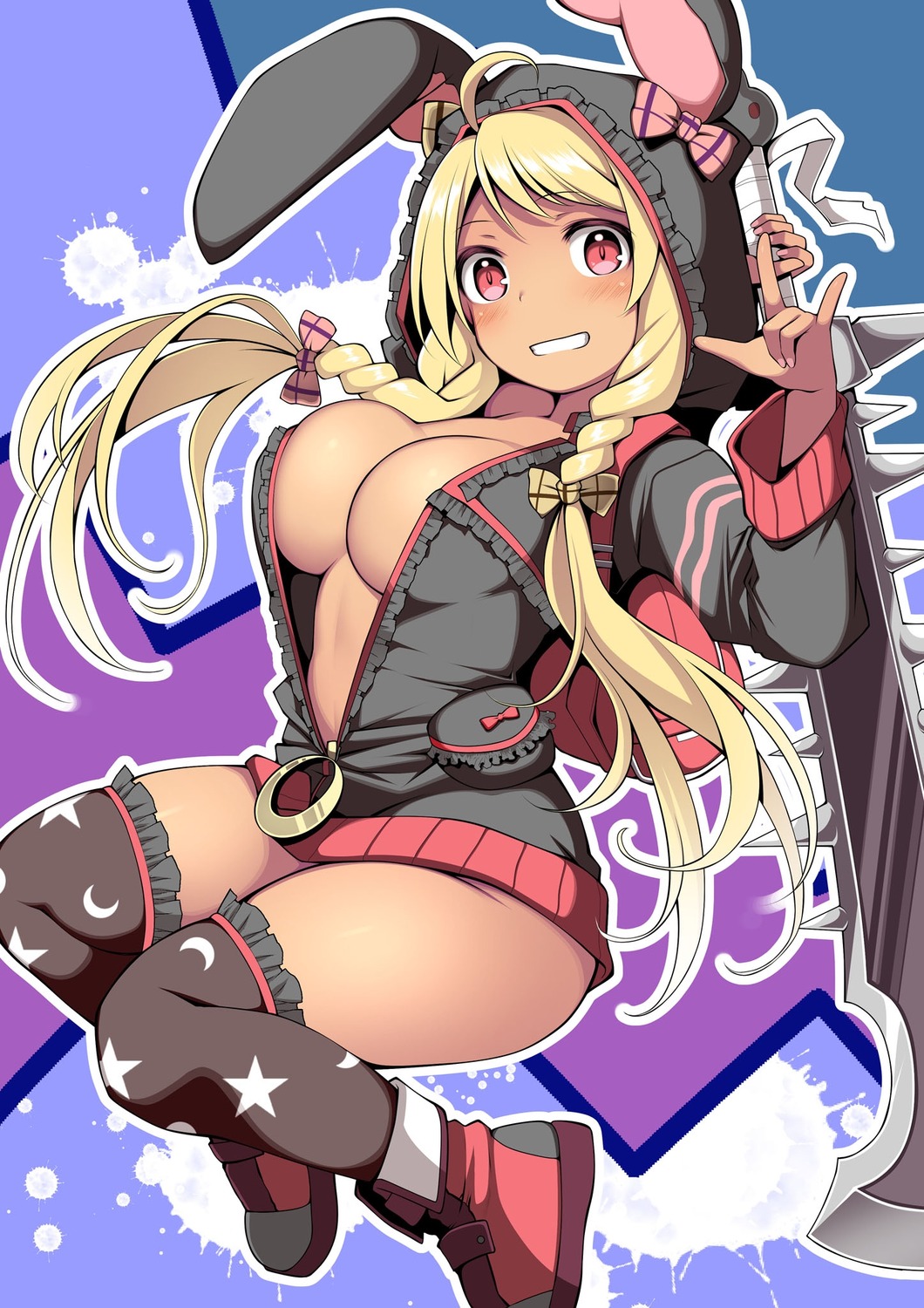 animal_ears bunny_ears kuromayu no_bra open_shirt sword thighhighs