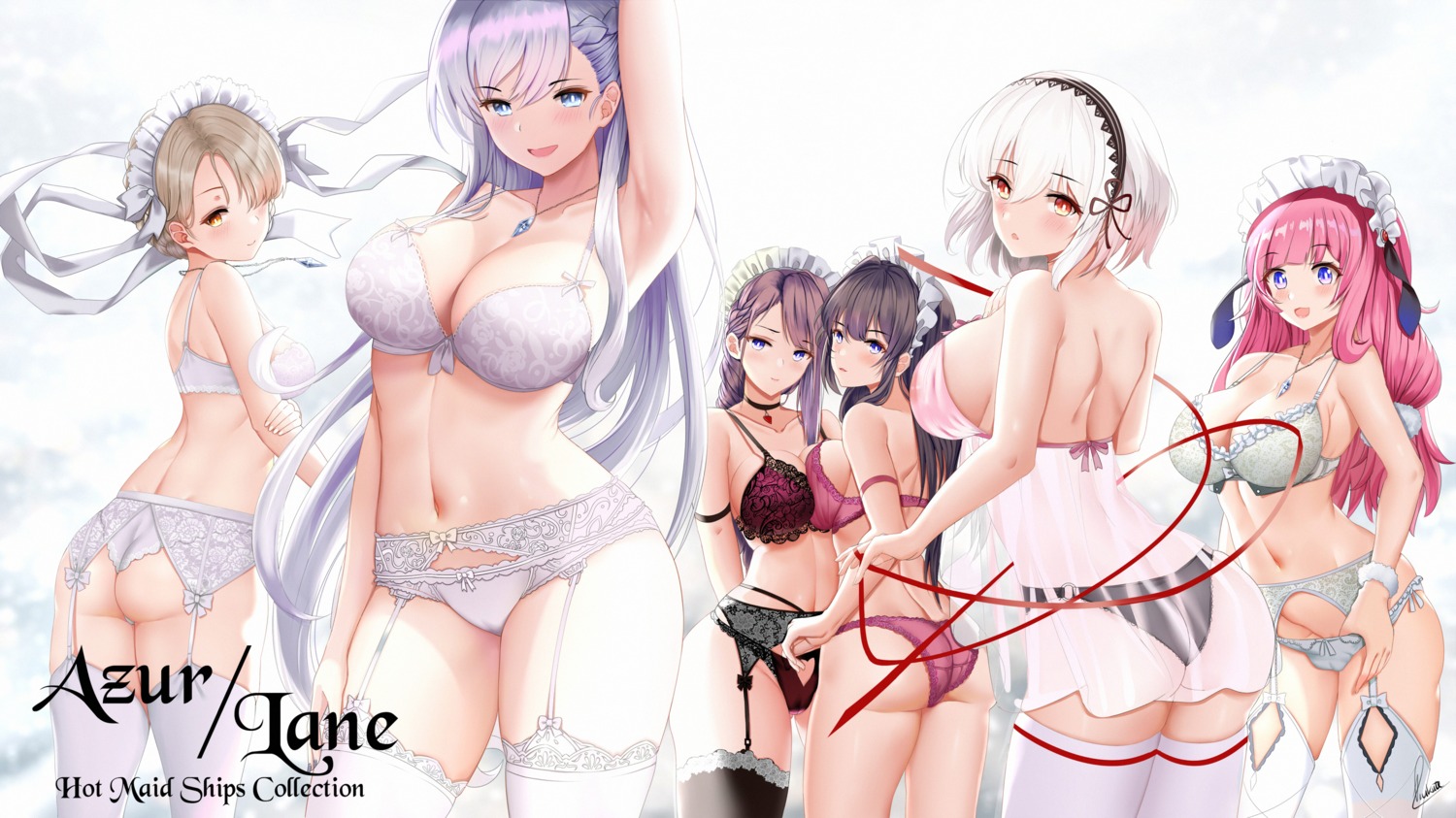 ass azur_lane belfast_(azur_lane) bra breast_hold cameltoe cleavage curacoa_(azur_lane) curlew_(azur_lane) garter_belt lingerie maid pantsu piukute062 sheffield_(azur_lane) sirius_(azur_lane) stockings suffolk_(azur_lane) symmetrical_docking thighhighs thong