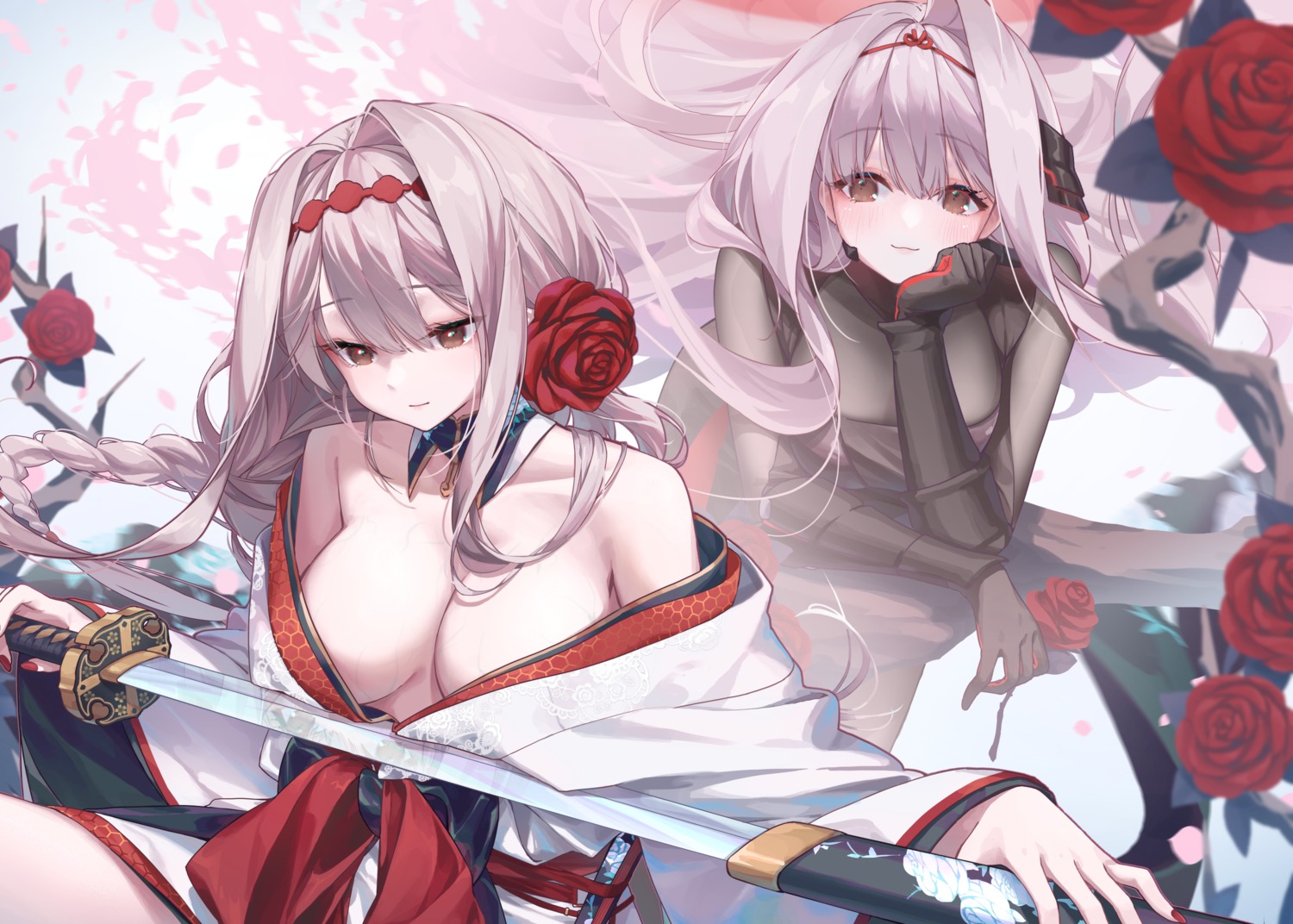 aeon_ion armor goddess_of_victory:_nikke japanese_clothes no_bra open_shirt scarlet_(nikke) sword