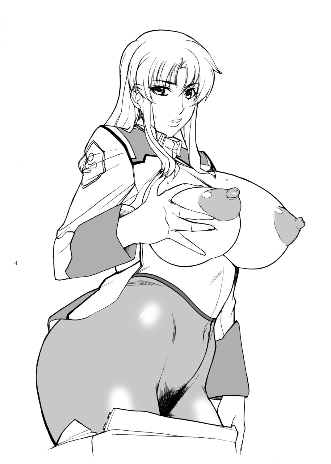 breast_grab breasts gundam gundam_seed midoh_tsukasa monochrome murrue_ramius nipples no_bra nopan open_shirt pantyhose pubic_hair see_through undressing uniform