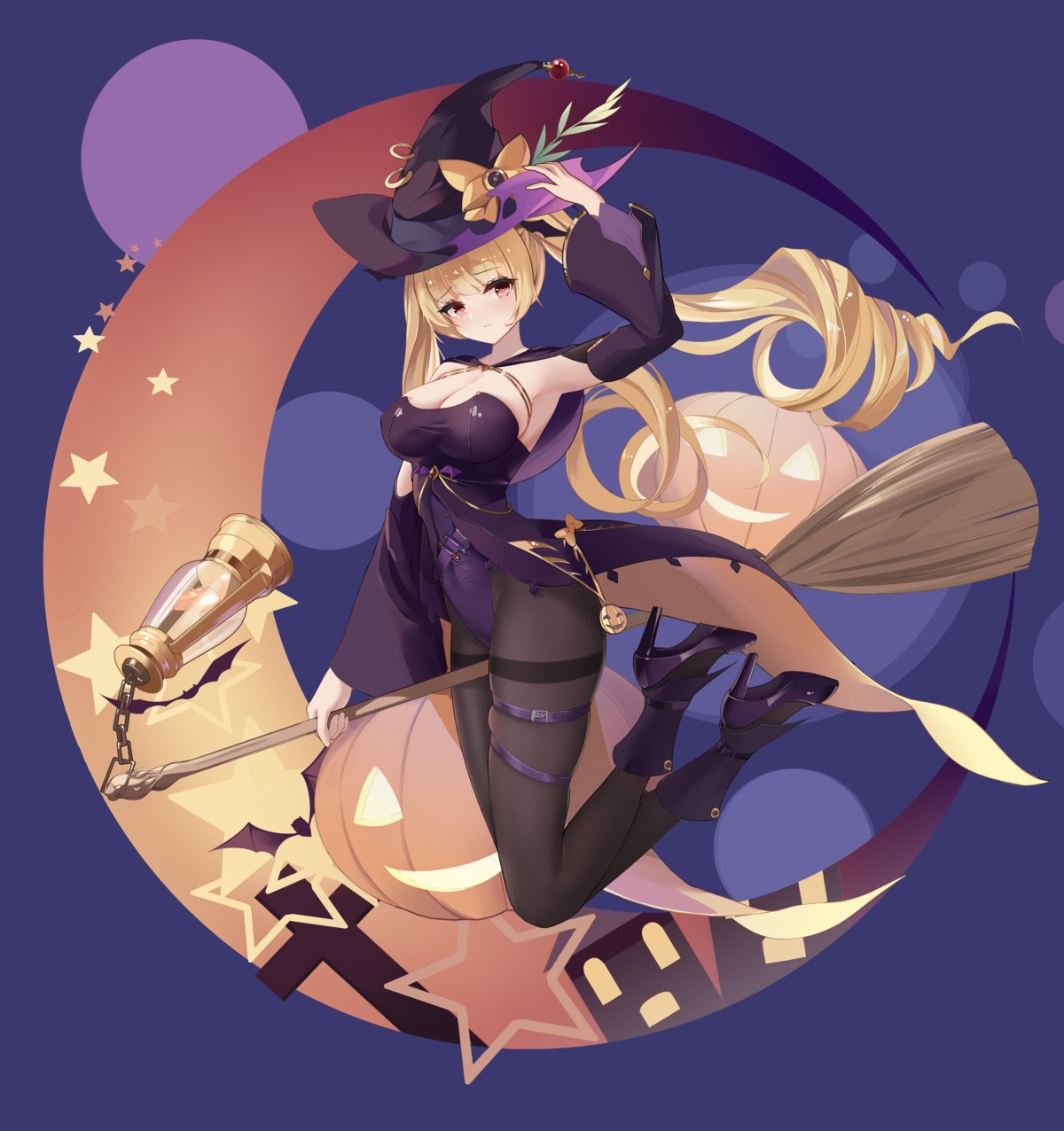 azur_lane cleavage garter halloween heels leotard nelson_(azur_lane) no_bra pantyhose witch yuuraku_yuraku