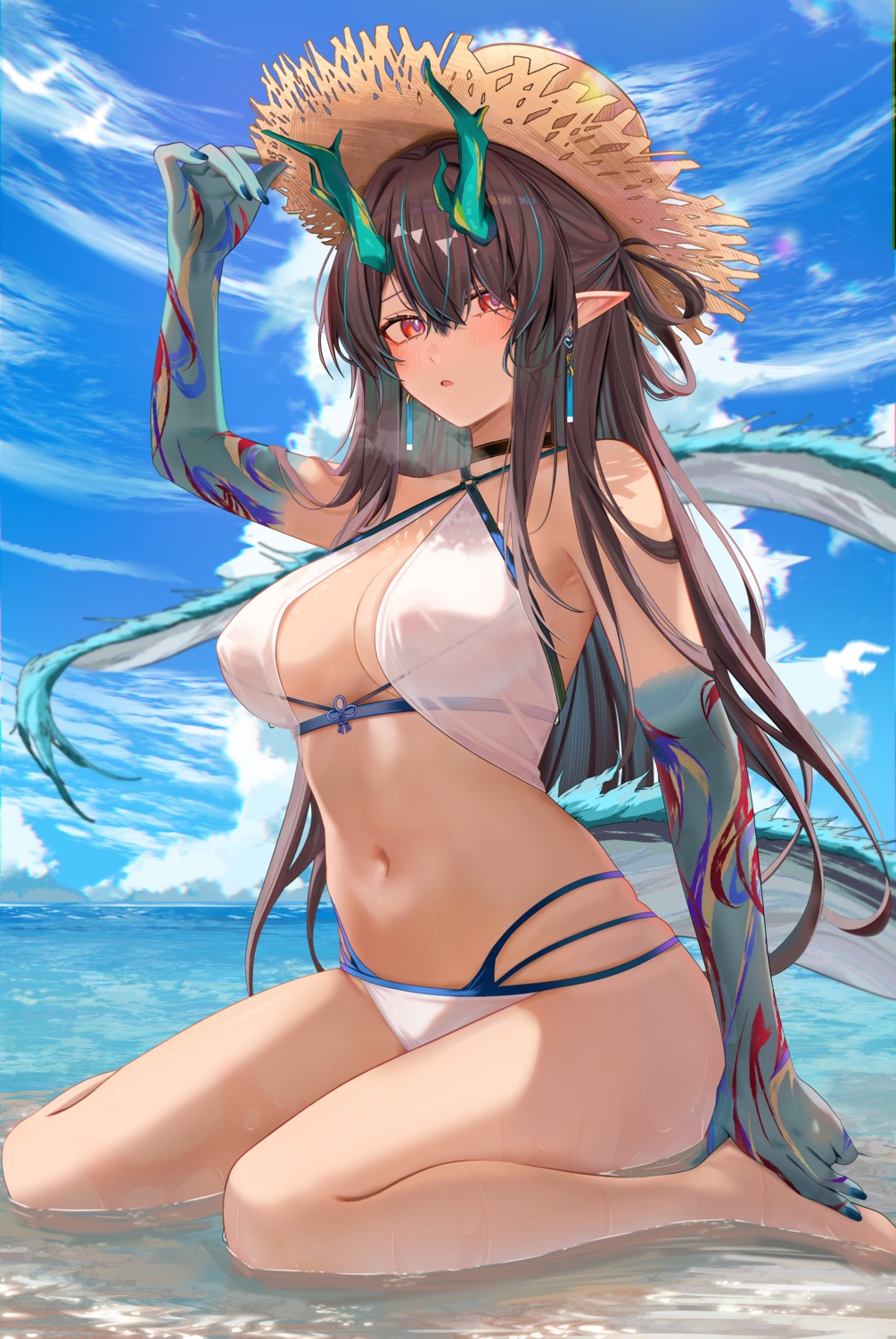 arknights bikini dusk_(arknights) horns pointy_ears ru_zhai see_through swimsuits tail wet