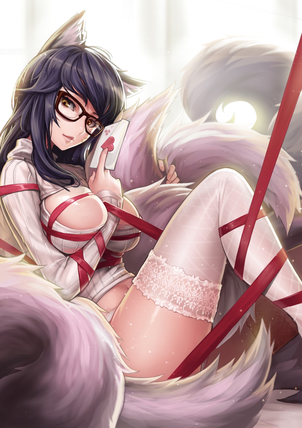 ahri animal_ears cleavage goomrrat kitsune league_of_legends megane pantsu sweater tail thighhighs