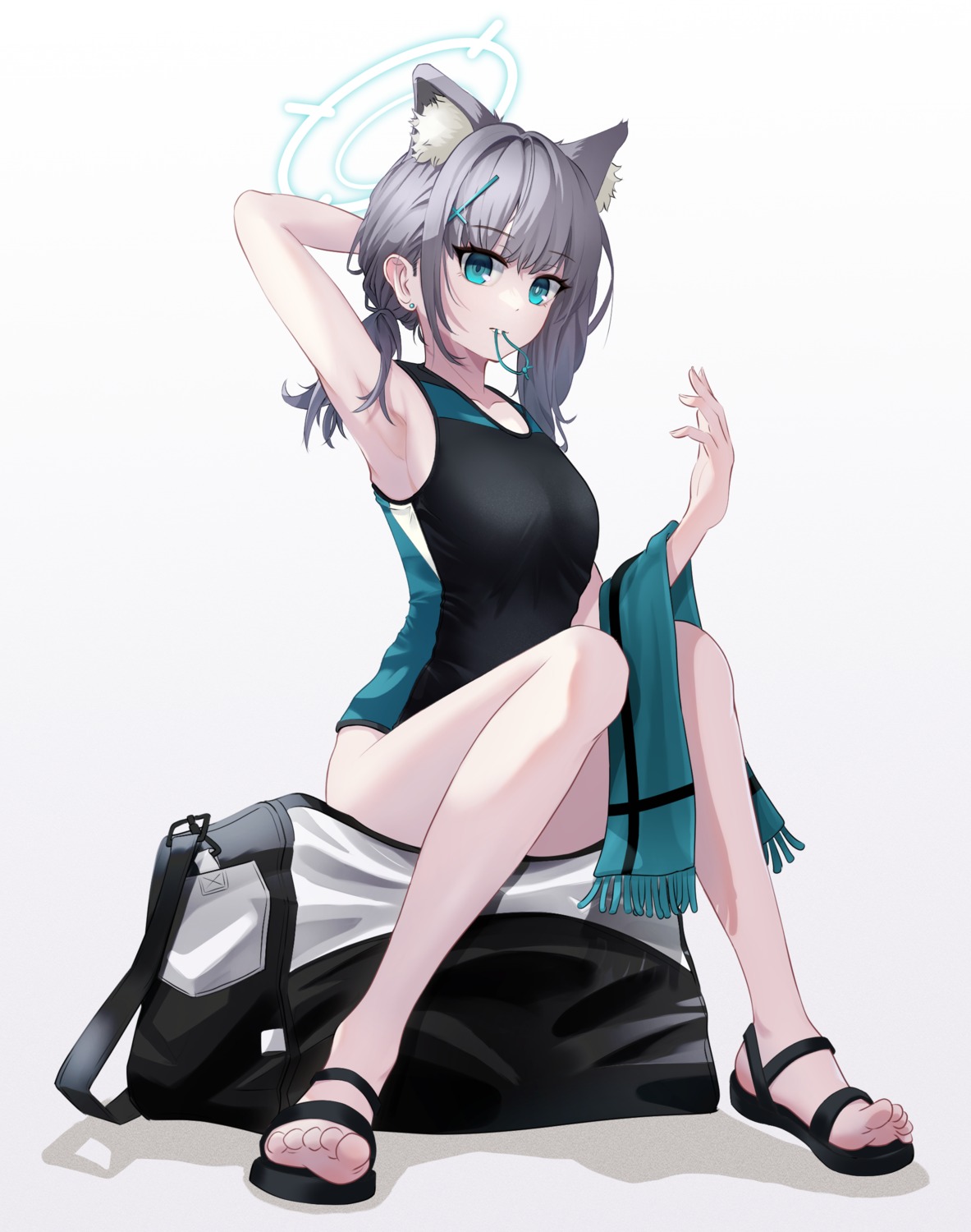 animal_ears blue_archive halo nekomimi she100legs sunaookami_shiroko swimsuits