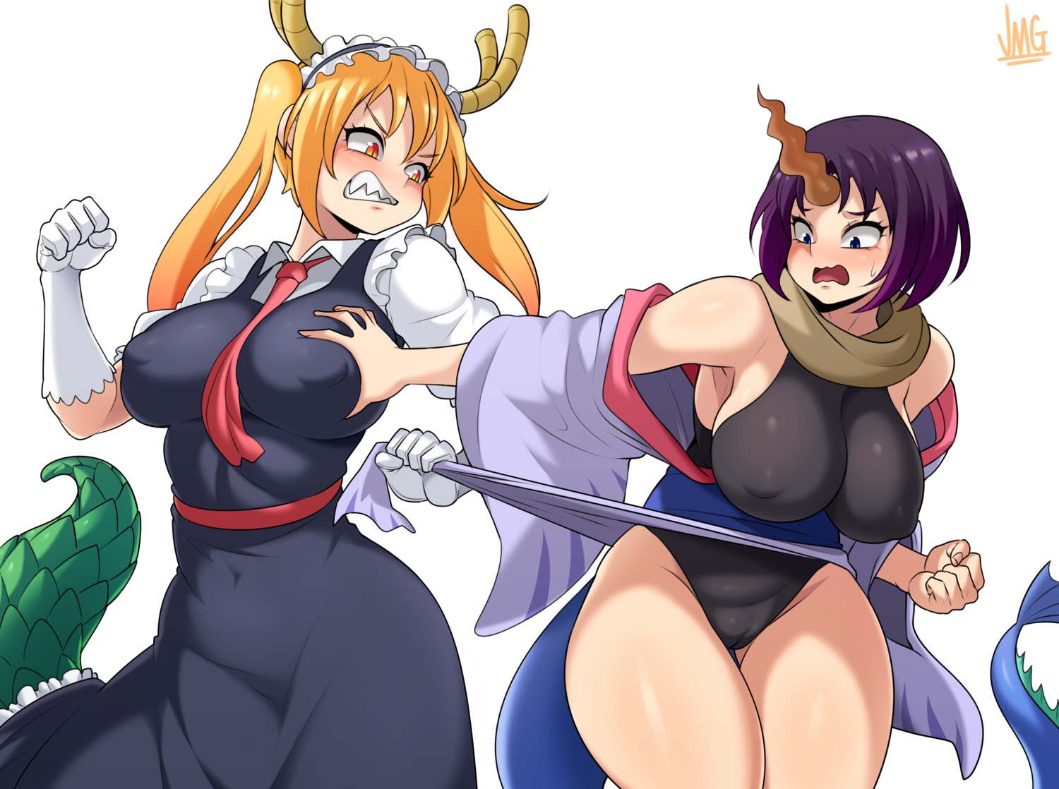 breast_grab cameltoe elma_(maidragon) erect_nipples horns japanese_clothes jmg kobayashi-san_chi_no_maidragon leotard maid open_shirt skirt_lift tail tooru_(maidragon)