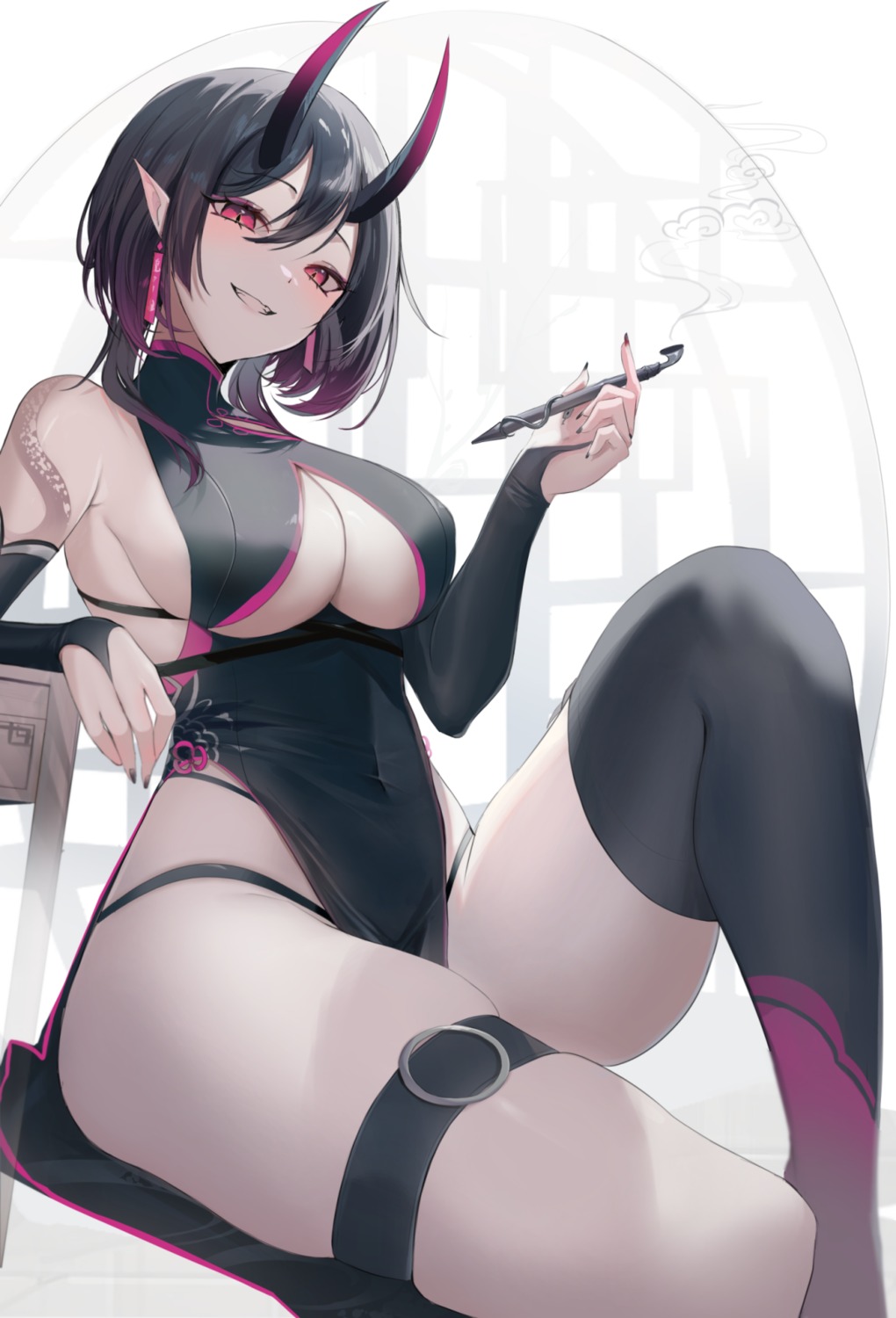 dress garter horns oni_noodle pantsu pointy_ears smoking thighhighs