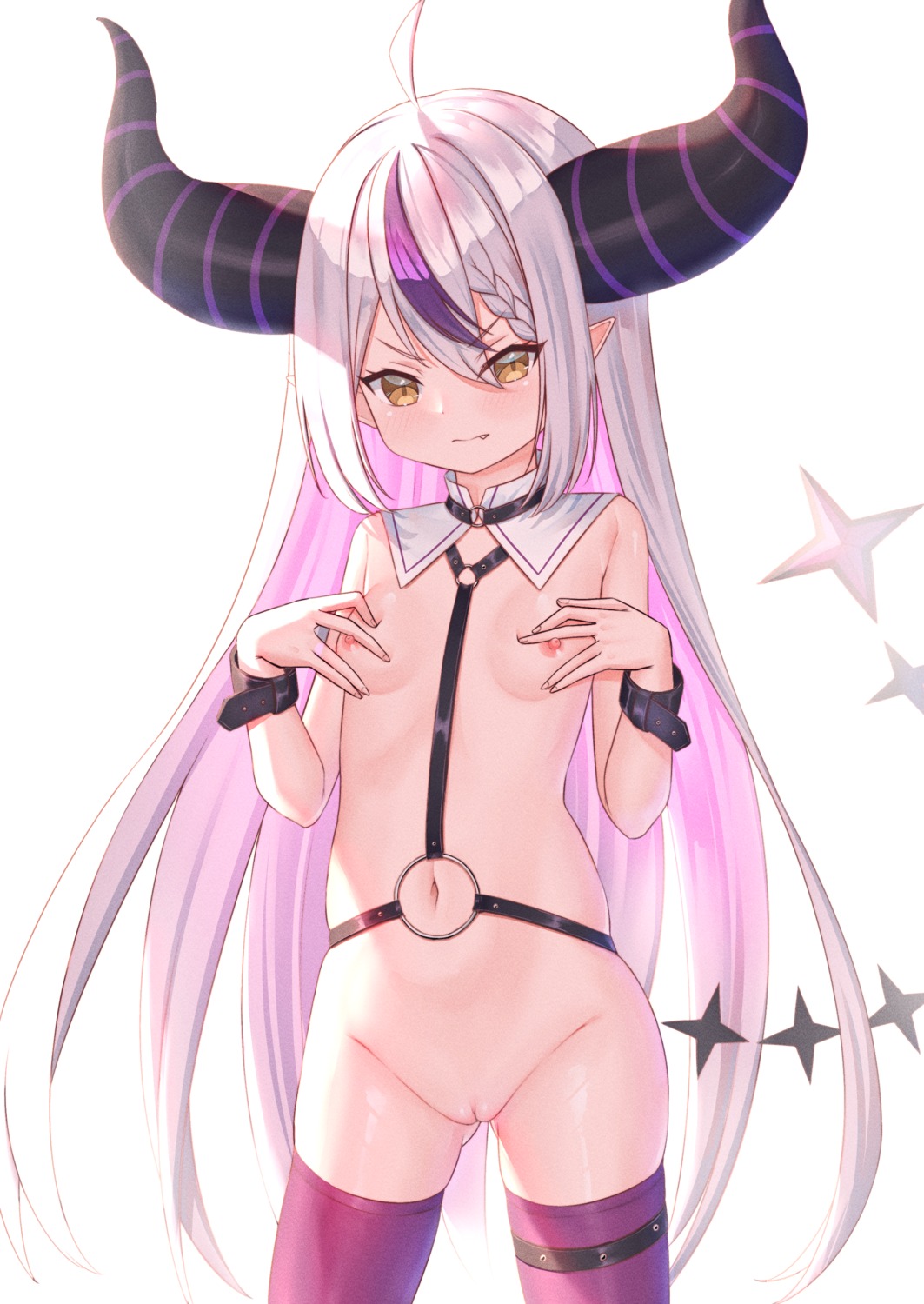 bottomless breast_hold breasts garter hololive horns la+_darknesss loli nipples no_bra pointy_ears pussy ray_peng tail thighhighs uncensored